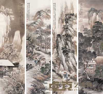 李益亭 山水人物 四屏 162×43cm×4